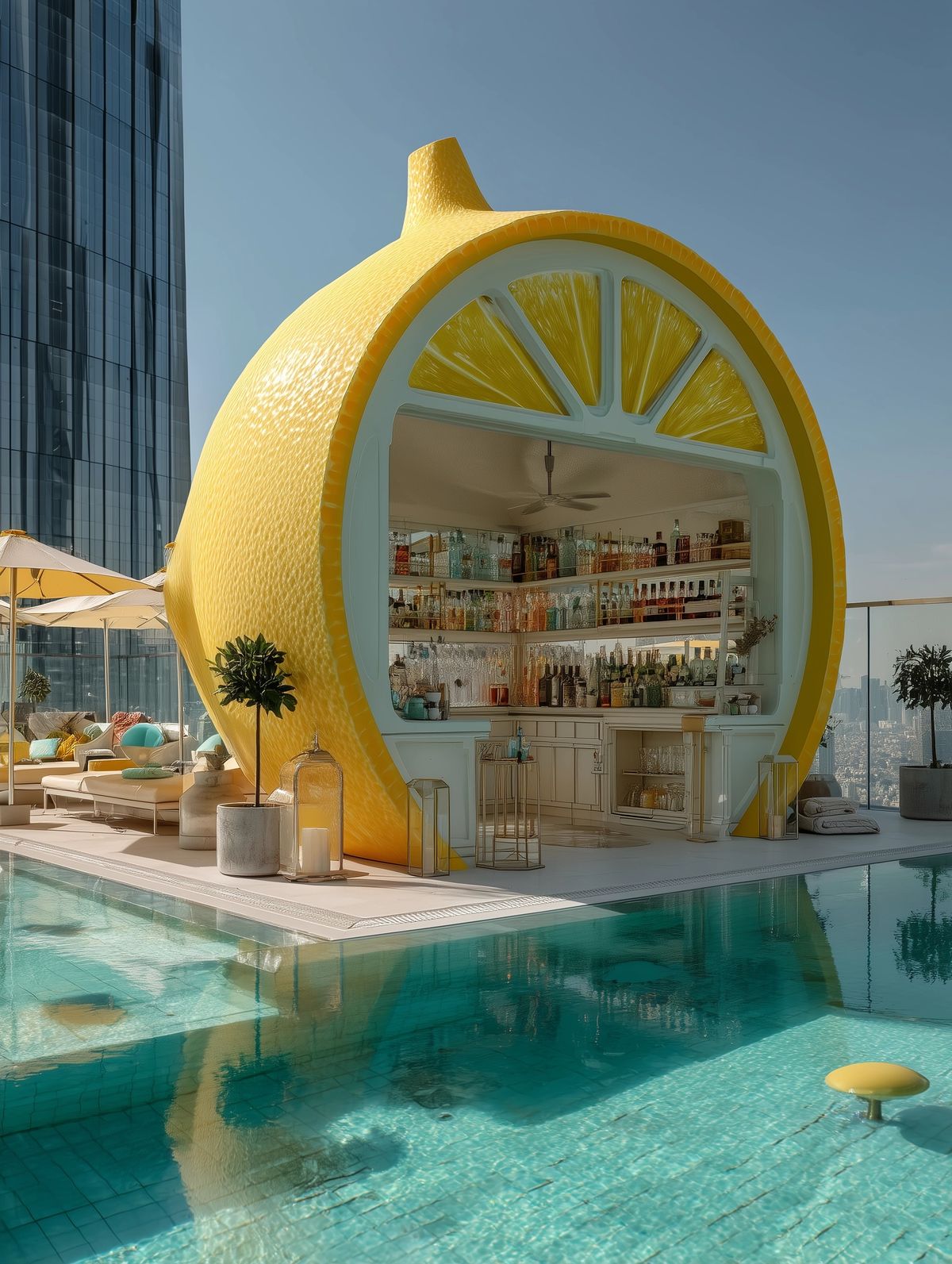 A whimsical lemon-shaped bar structure situated on a rooftop pool deck, with a large swimming pool in the foreground, lounge chairs, and a tall glass skyscraper in the background.
