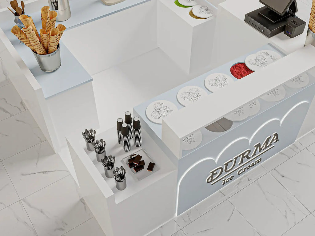 Kiosque à Glaces Personnalisé Blanc avec Comptoir de Service Minimaliste