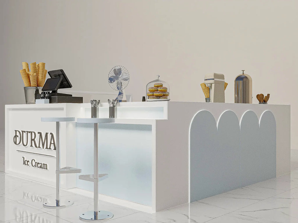 Kiosque à Glaces Personnalisé Blanc avec Comptoir de Service Minimaliste