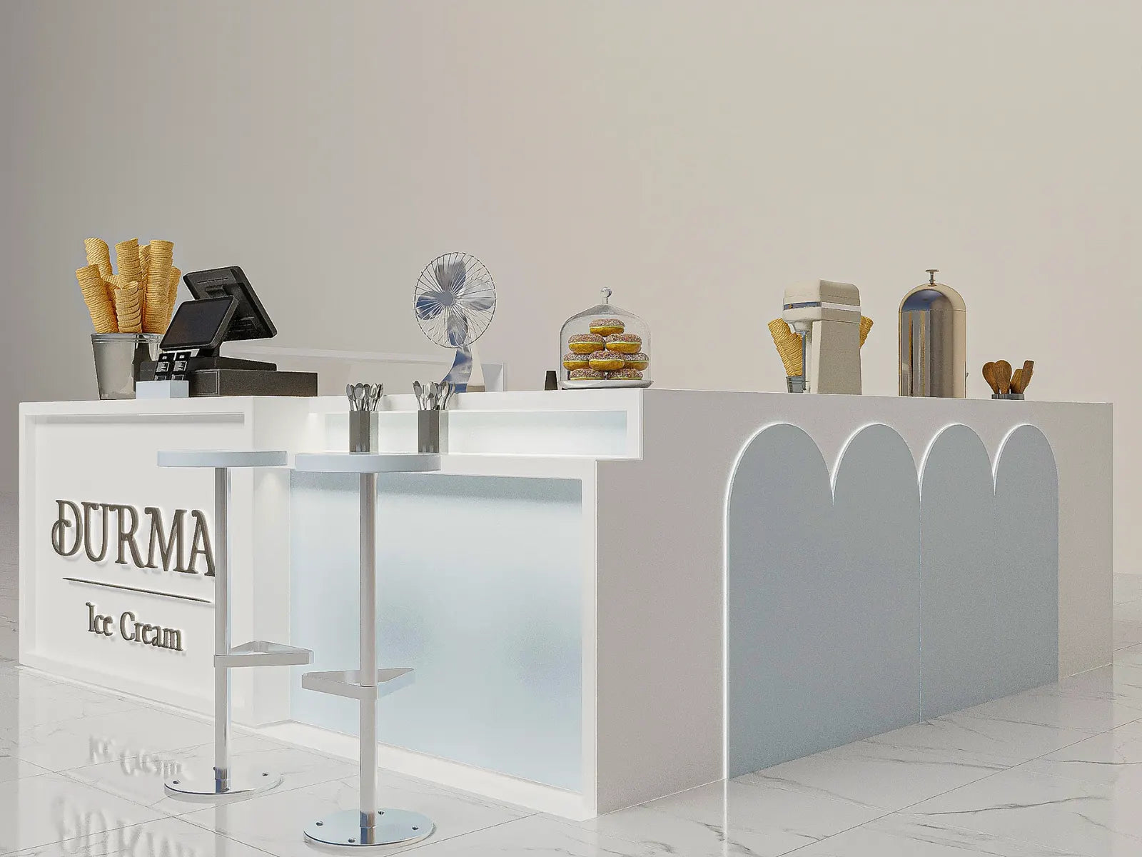 Kiosque à Glaces Personnalisé Blanc avec Comptoir de Service Minimaliste